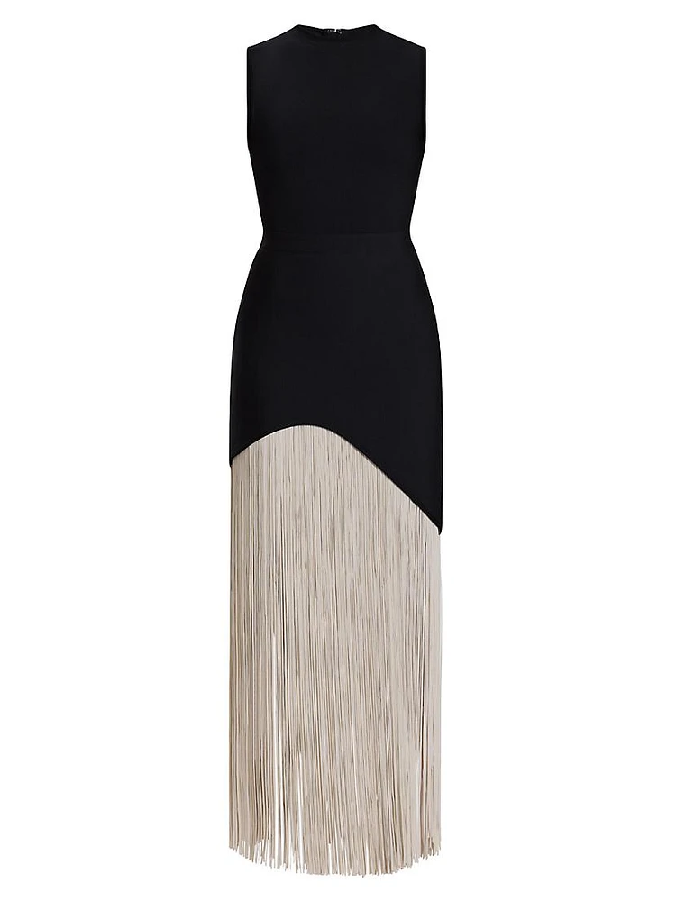 Two-Tone Asymmetric Hem Fringe Gown