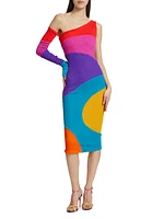 Colorblock One-Shoulder Midi-Dress