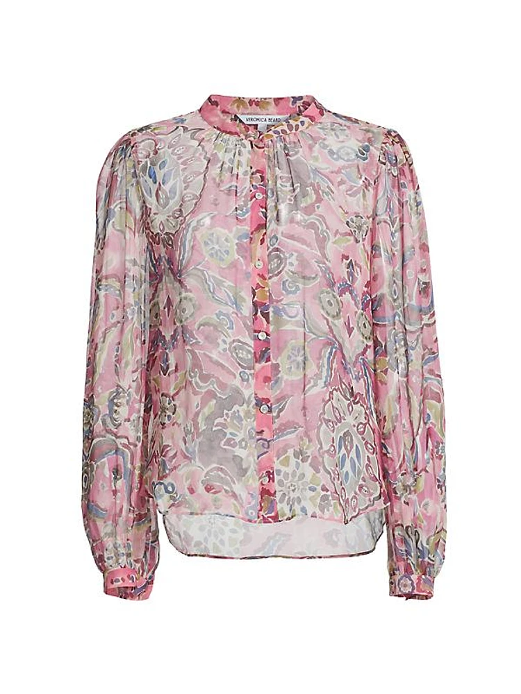 Ashlynn Printed Sheer Silk Button-Up Top