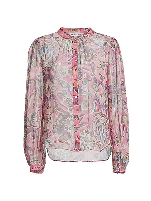 Ashlynn Printed Sheer Silk Button-Up Top