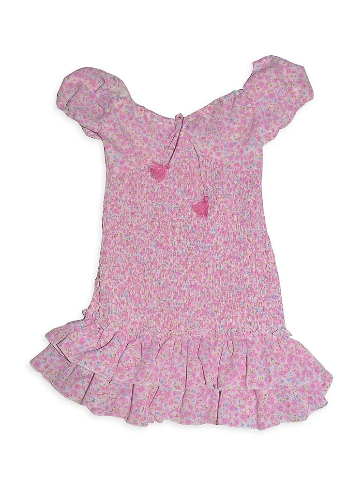 Girl's Floral Puff-Sleeve Smocked Dress