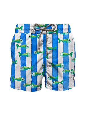 Gustavia Striped Fish-Print Swim Shorts