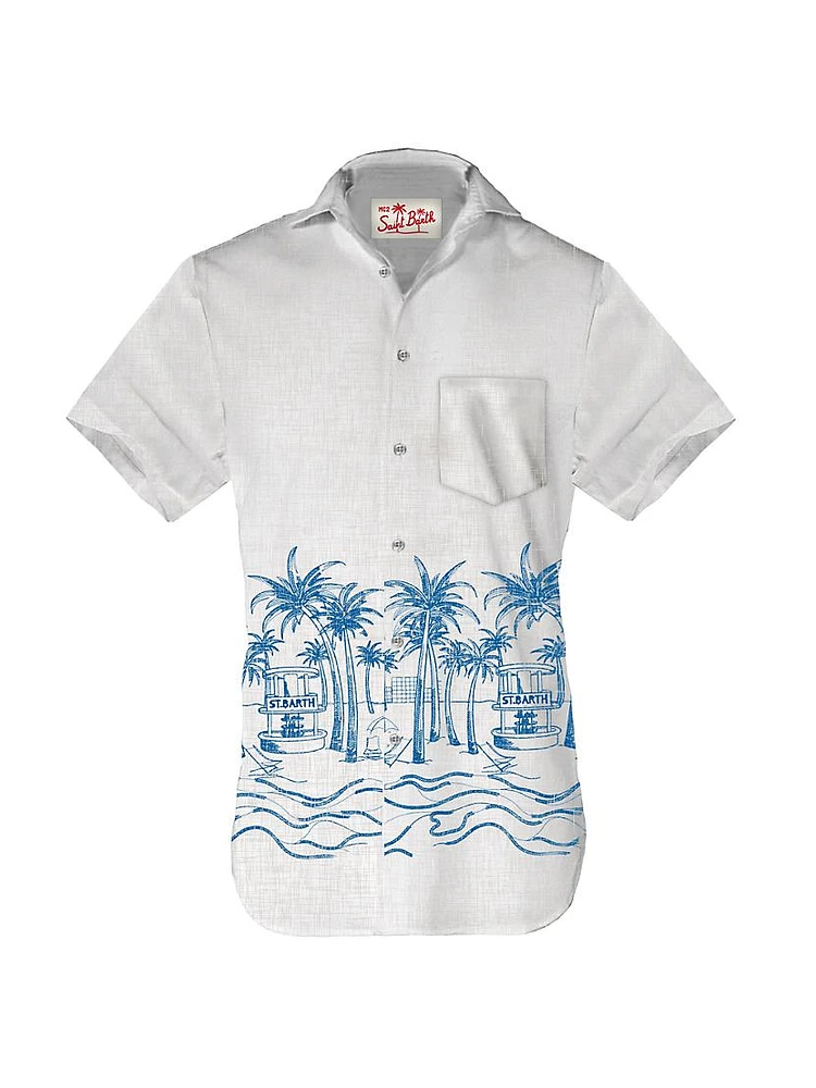 Sifnos Riviera-Print Linen Short-Sleeve Shirt