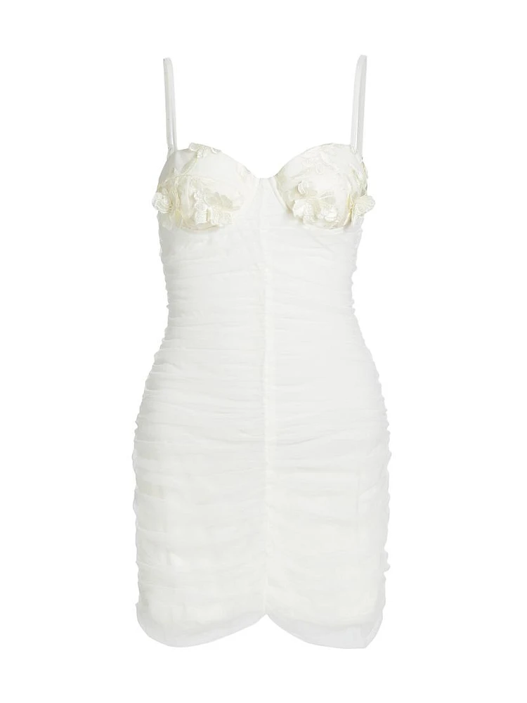 Wedding 5.0 Floral-Appliquéd Ruched Mesh Minidress