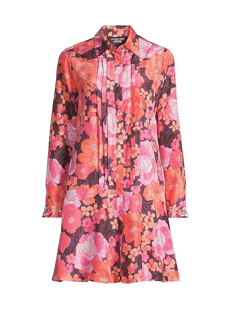 Becca Floral Silk Pintuck Shirtdress