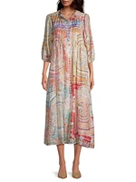 Garden Mosaic Tile Britta Floral Silk Midi-Dress