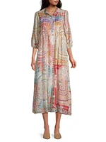 Garden Mosaic Tile Britta Floral Silk Midi-Dress