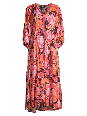 Becca Dolman-Sleeve Floral Silk Midi-Dress