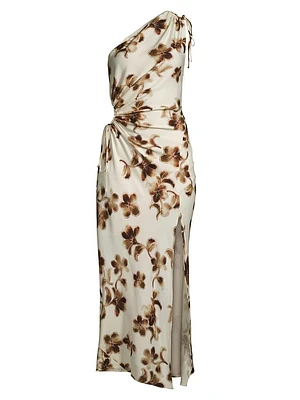 Pauline Blurred Floral One-Shoulder Midi-Dress