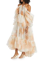 Natura Gathered Floral Silk Maxi Dress