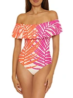 Sheer Tropics Off-The-Shoulder One-Piece Swimsuit