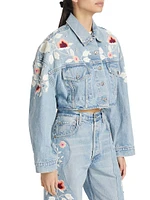 Lena Floral Embroidered Crop Denim Jacket