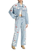 Lena Floral Embroidered Crop Denim Jacket