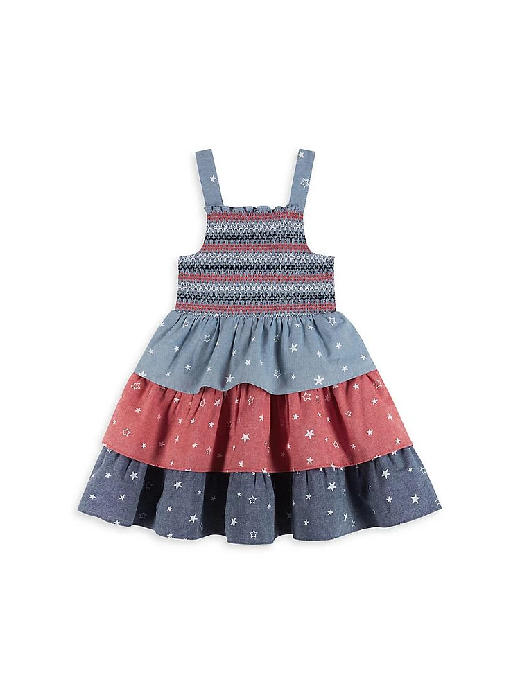 Little Girl's Americana Chambray Tiered A-Line Dress