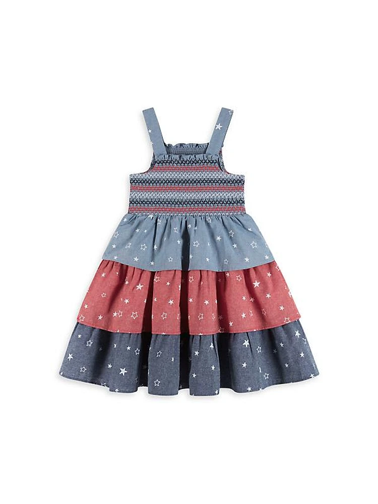 Little Girl's Americana Chambray Tiered A-Line Dress