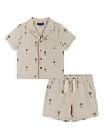 Baby Boy's Palm Linen-Blend Camp Shirt & Drawstring Shorts Set