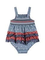 Baby Girl's Americana Star Smocked Chambray Bubble Romper