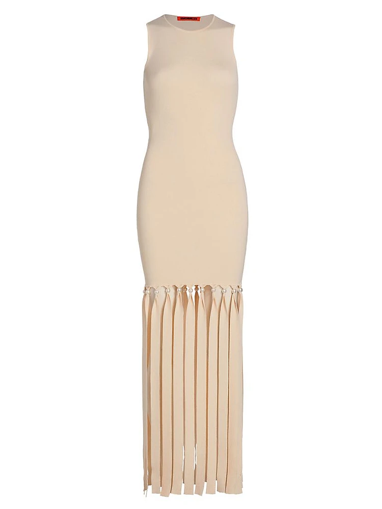 Imitation-Pearl-Embellished Fringed Maxi Dress