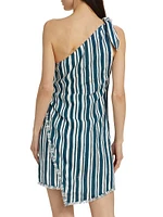 Striped Linen-Cotton One-Shoulder Minidress