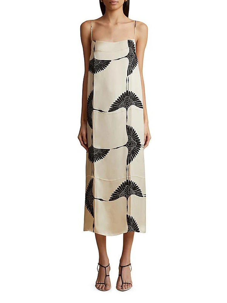 Sicily Crane-Printed Twill Slipdress