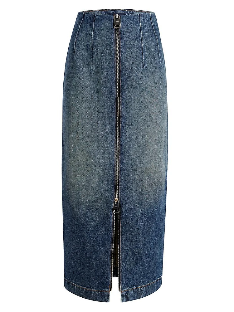 Ruly Seamed Denim Pencil Skirt