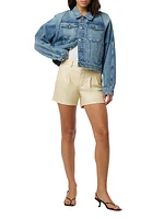 Faux Leather Front Yoke Pleated Shorts