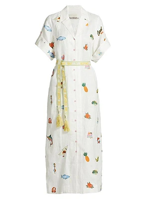 Blue Marlin Linen Embroidered Midi- Dress