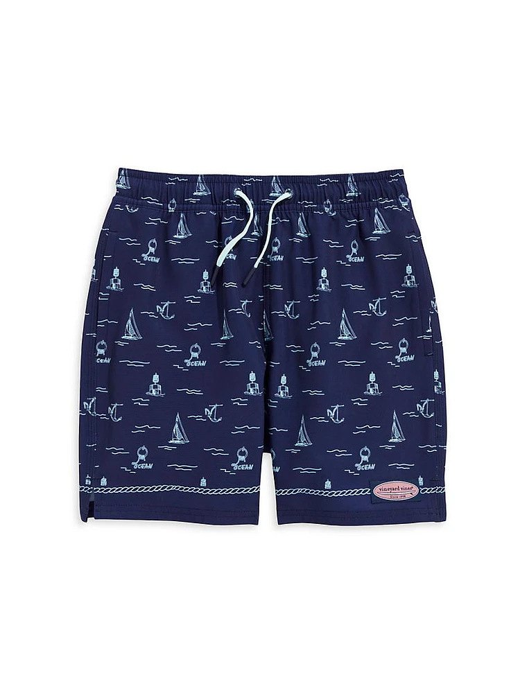 Boy's Sailboat Print Swim Trunks