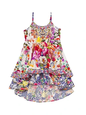 Little Girl's & Floral Print Tiered High-Low Dress