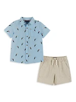 Little Boy's & Bird Cotton Shirt Linen-Blend Shorts Set