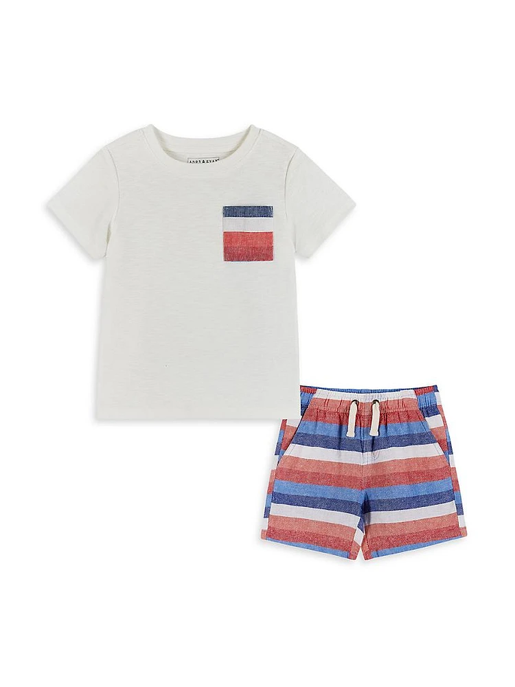 Little Boy's & Striped Cotton T-Shirt Linen-Blend Shorts Set