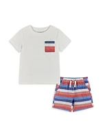 Little Boy's & Striped Cotton T-Shirt Linen-Blend Shorts Set