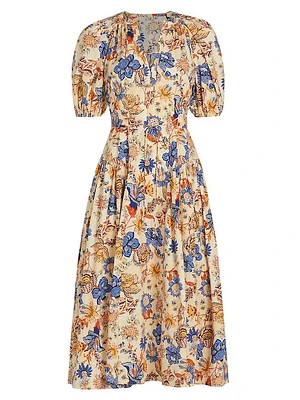 Carina Floral Cotton Tie-Waist Midi-Dress