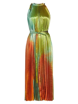 Amiko Pleated Satin Midi-Dress