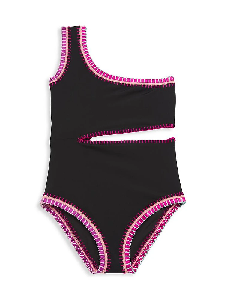 Little Girl's & Rainbow Embroidered Cut-Out One-Piece Swimsuit