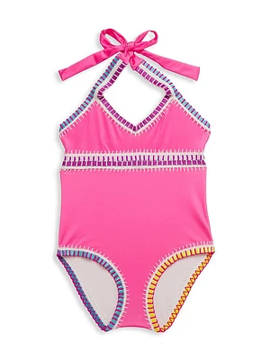 Little Girl's & Rainbow Embroidered One-Piece Swimsuit