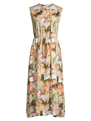 Belted Watercolor Midi-Dress