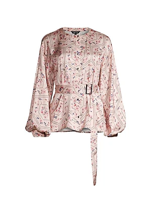 Floral Crepe De Chine Balloon-Sleeve Belted Blouse