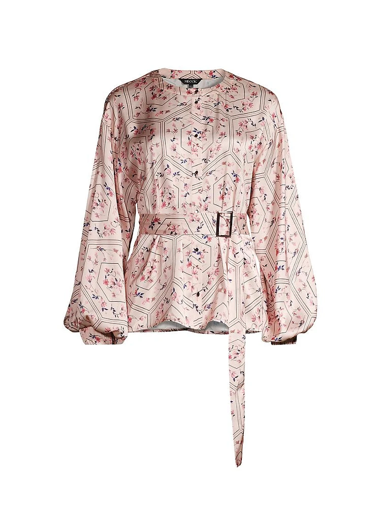 Floral Crepe De Chine Balloon-Sleeve Belted Blouse