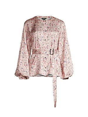 Floral Crepe De Chine Balloon-Sleeve Belted Blouse