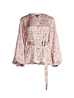 Floral Crepe De Chine Balloon-Sleeve Belted Blouse