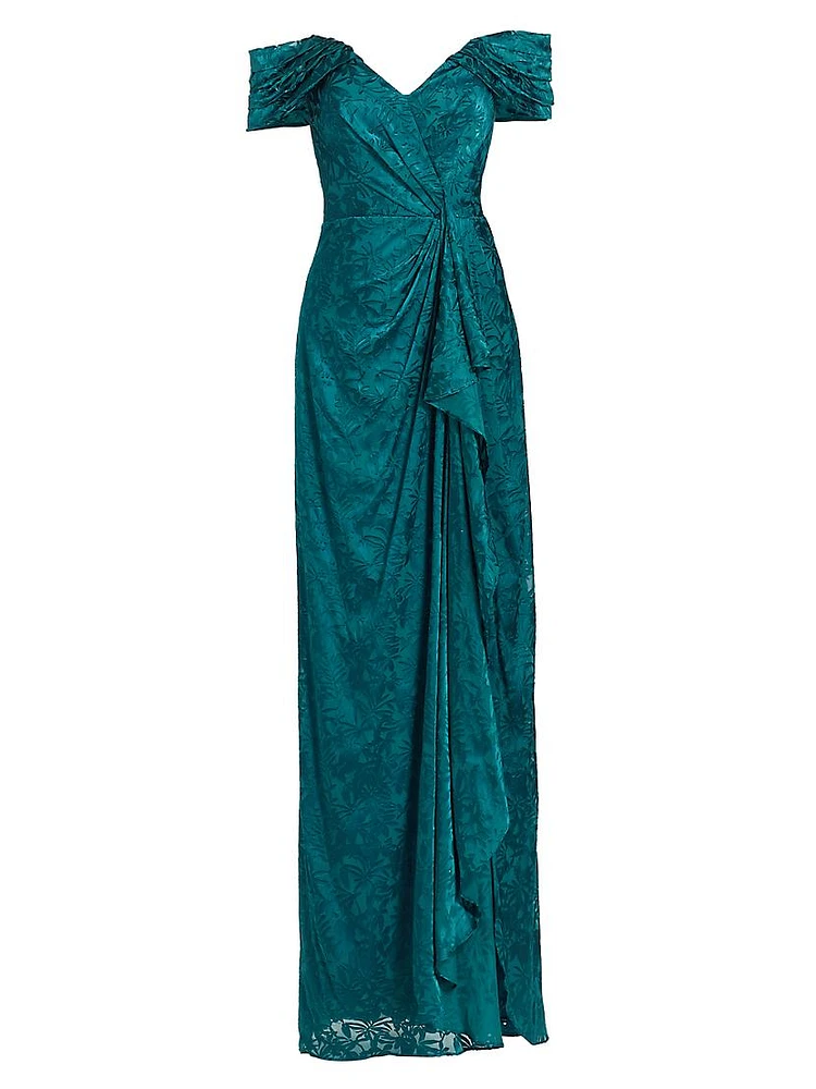 Draped Burn-Out Silk Off-The-Shoulder Gown