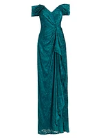 Draped Burn-Out Silk Off-The-Shoulder Gown