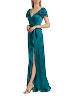 Draped Burn-Out Silk Off-The-Shoulder Gown