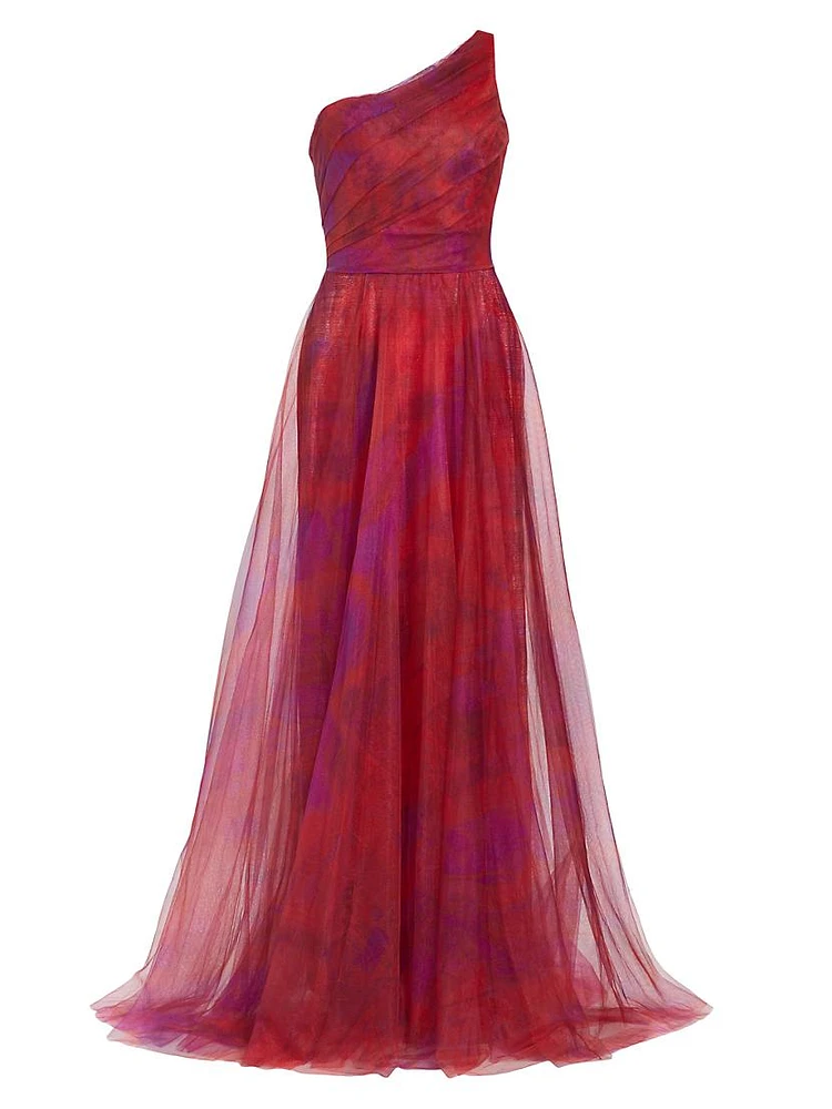 Draped Printed One-Shoulder Gown