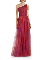 Draped Printed One-Shoulder Gown