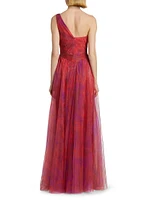 Draped Printed One-Shoulder Gown