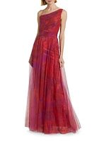 Draped Printed One-Shoulder Gown