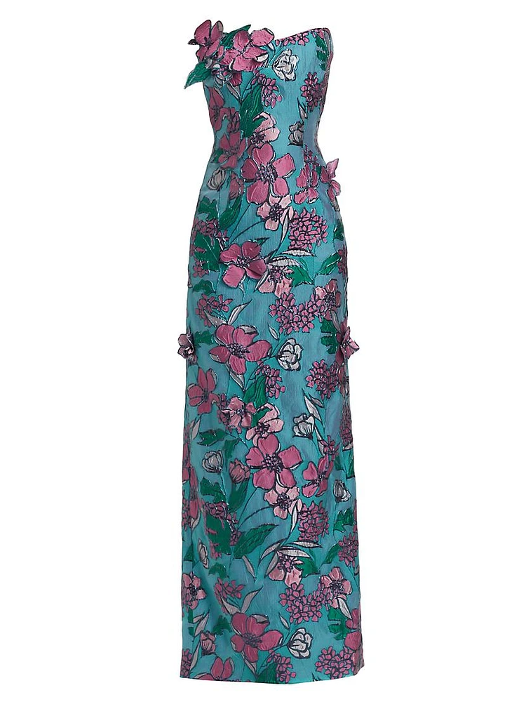 Appliquéd Floral Brocade A-Line Gown