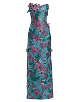 Appliquéd Floral Brocade A-Line Gown